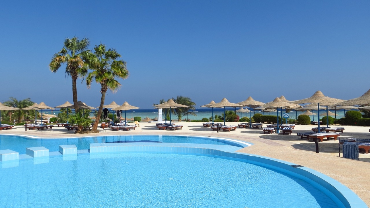 swimming pool, palm trees, hotel