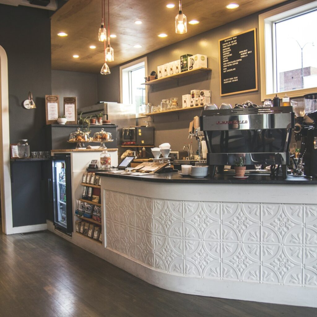 a coffee shop with lots of coffee machines