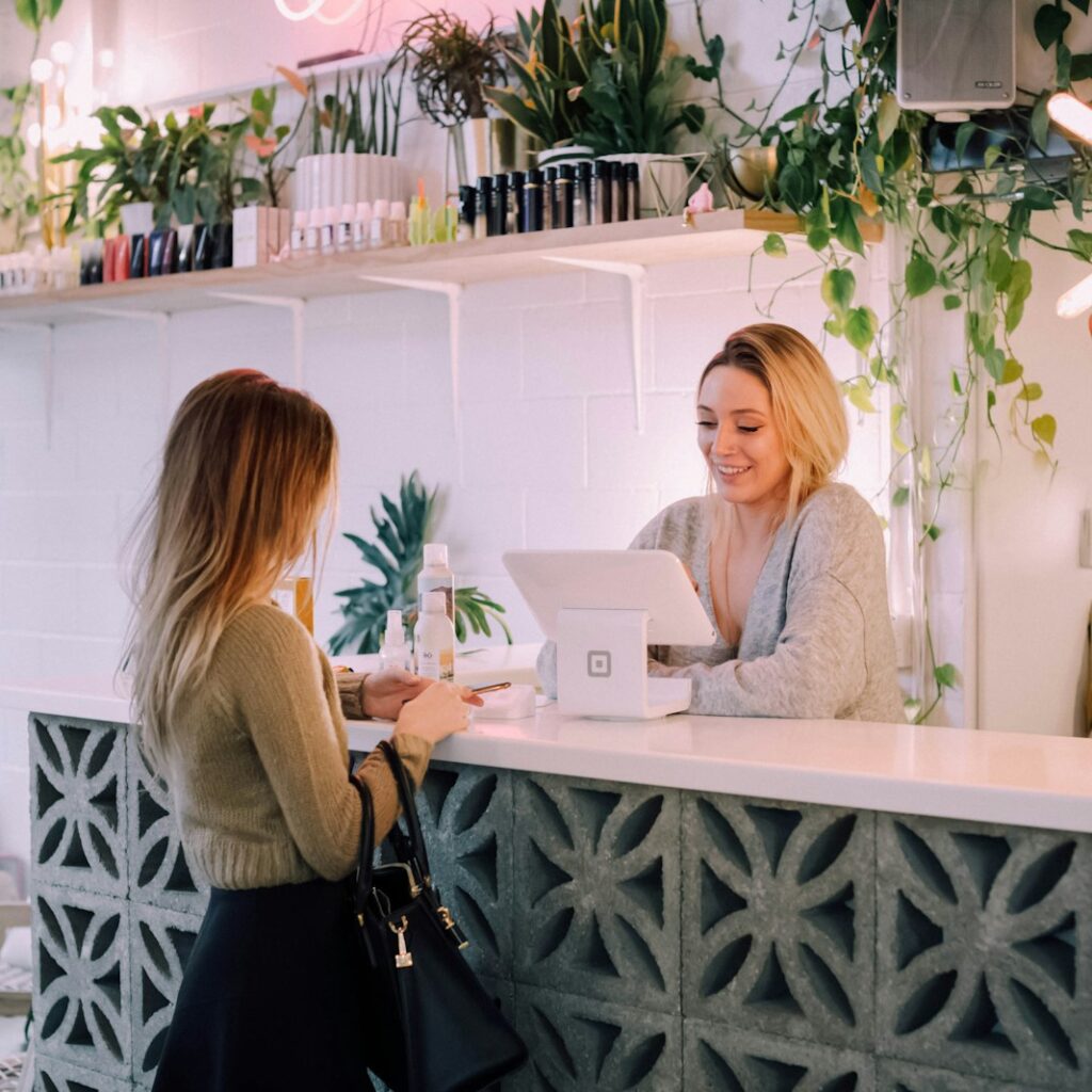 woman facing on white counter