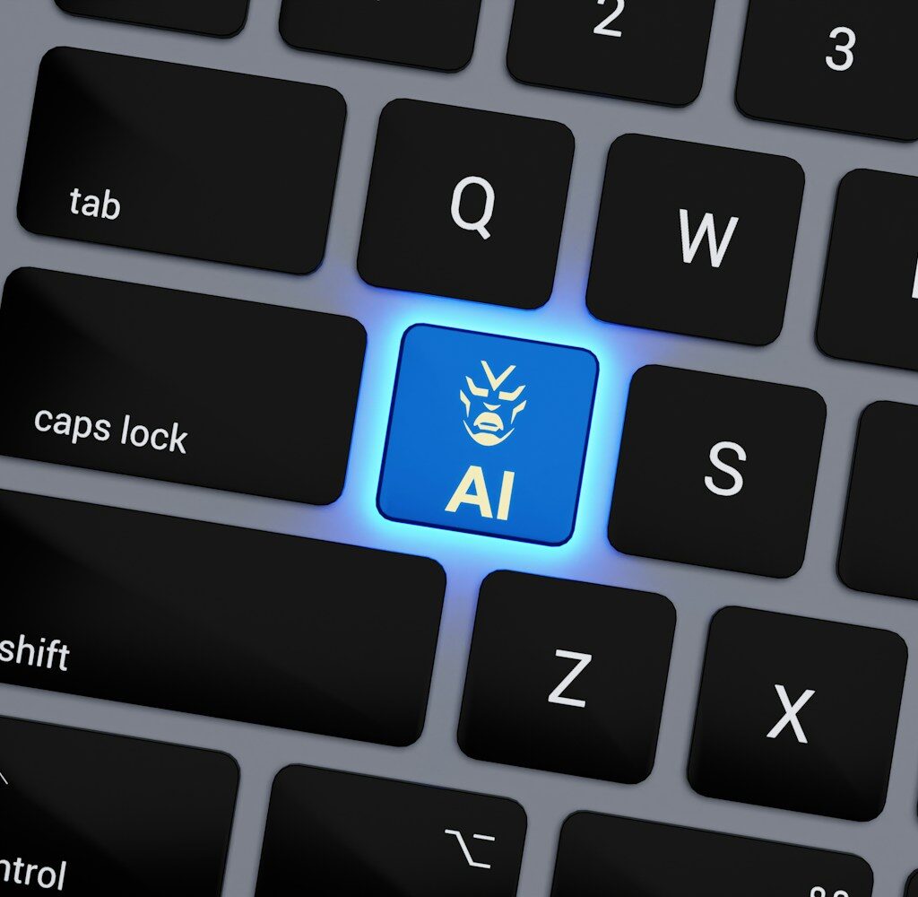 a computer keyboard with a blue light on it